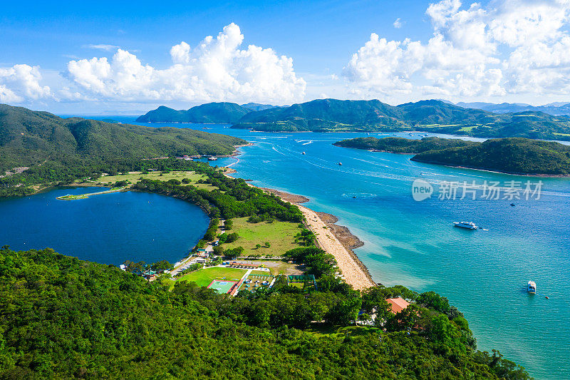 Wide angle aerial view of high island reservoir, far south eastern part of Sai Kung Peninsula, Hong Kong